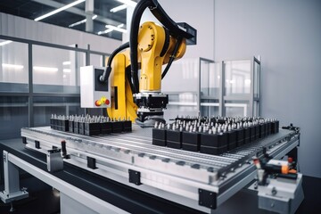  a machine that is making batteries on a conveyor belt in a factory or assembly line with a yellow robot on the top of the machine.  generative ai