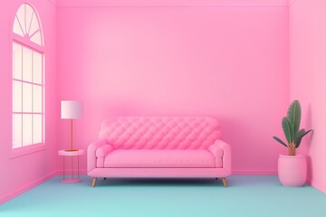 Fototapeta na wymiar a living room with a pink couch and a potted plant in the corner of the room and a pink wall with a white window. generative ai