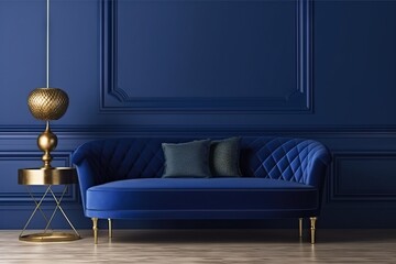  a blue couch and a gold lamp in a room with blue walls and wood flooring and a blue wall with a gold lamp on it.  generative ai