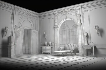  a drawing of a living room with a fireplace and a chair in the middle of the room and a mirror on the wall above the fireplace.  generative ai