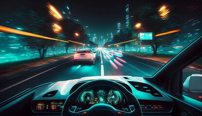 Car interior, neon monitor, steering wheel and controls, rear view. Sports car, futuristic autonomous vehicle. First-person view. Generative Ai