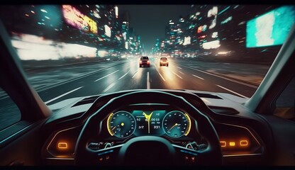 Car interior, neon monitor, steering wheel and controls, rear view. Sports car, futuristic autonomous vehicle. First-person view. Generative Ai - obrazy, fototapety, plakaty
