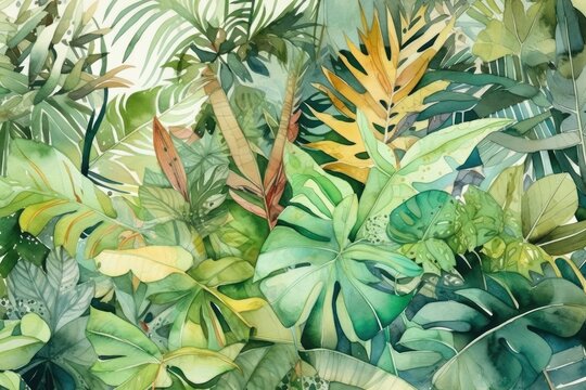 Discover tropical plants in stunning on diversity. Watercolor Painting. Generative AI © Kanisorn