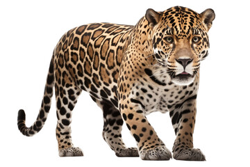 Obraz premium an isolated jaguar front-view, whole body, stalking prey, horizontal, fierce jungle-themed photorealistic illustration on a transparent background in PNG. Panthera onca. Generative AI
