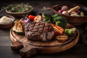 a steak with broccoli, carrots, and other vegetables on a wooden platter on a wooden table next to bowls of other food.  generative ai