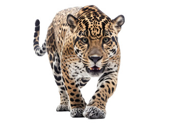 Fototapeta na wymiar an isolated jaguar front-view, whole body, stalking prey, horizontal, fierce jungle-themed photorealistic illustration on a transparent background in PNG. Panthera onca. Generative AI