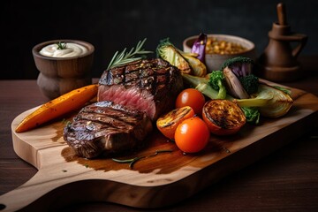  a steak and vegetables on a cutting board with a small bowl of ranch dressing in the background on a wooden table with a spoon and a wooden spoon.  generative ai