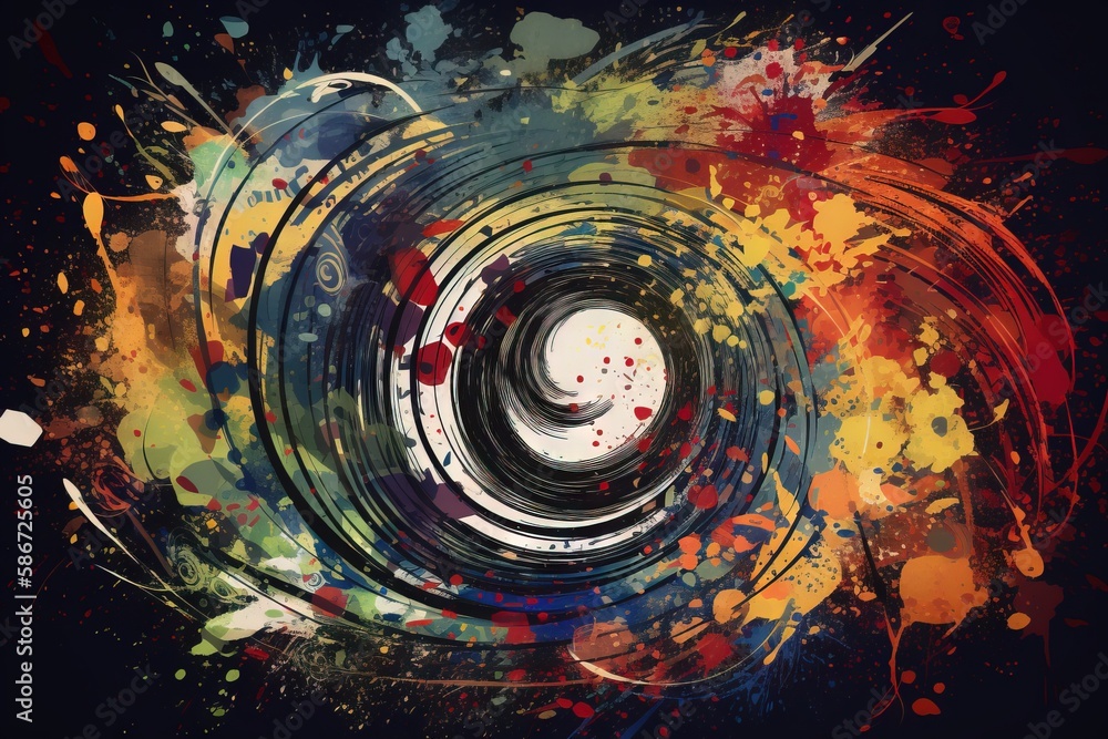 Poster a painting of a colorful swirl with paint splatters on it and a black background with a white circle