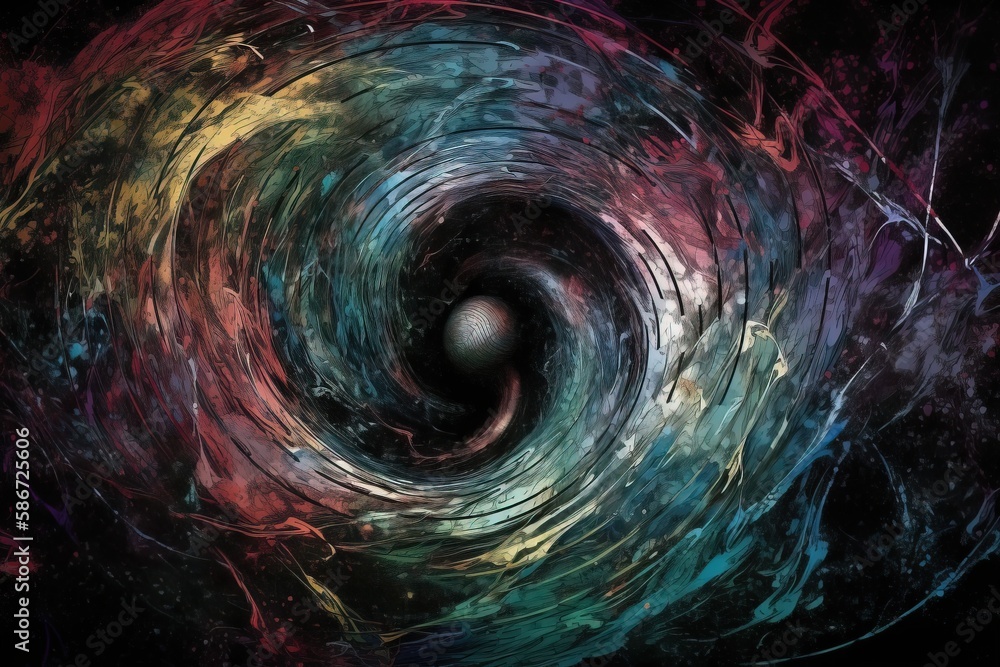 Poster an abstract painting of a black hole in the center of a multicolored swirl of paint on a black backg