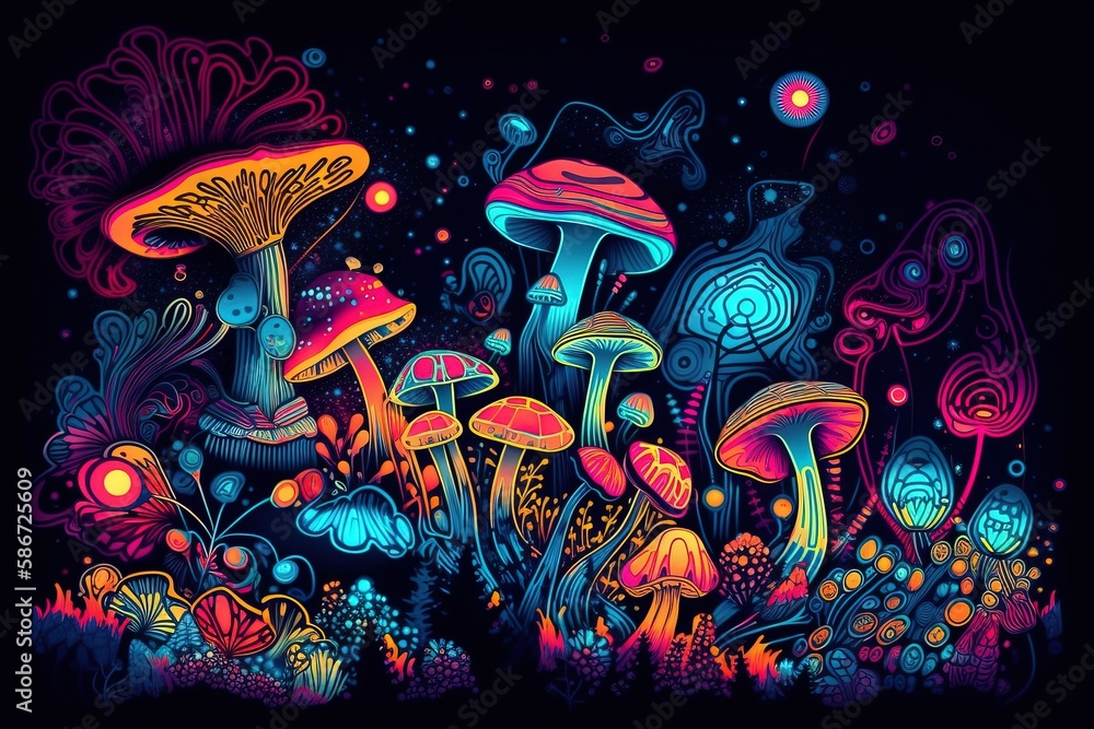 Poster a painting of a group of mushrooms in a field of grass with bright colors on the background of the i