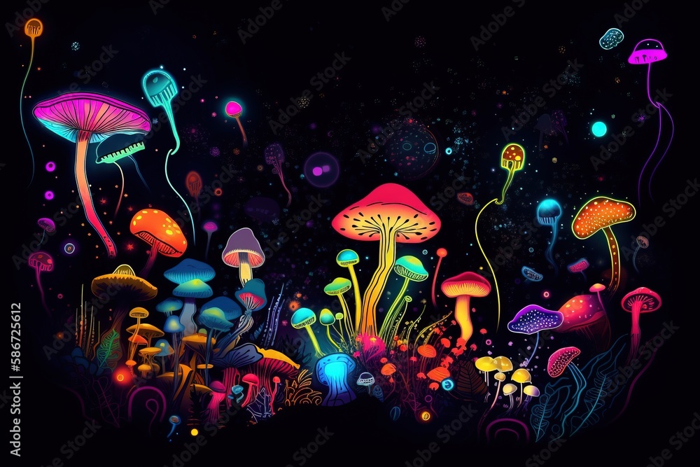 Poster a group of colorful mushrooms on a black background with a black background and a black background w