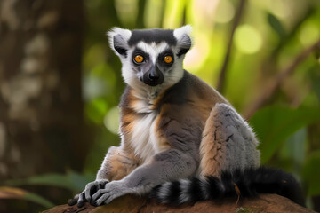 Obraz premium Lemur - Madagascar - A group of primate species known for their unique appearance and social behavior. They are threatened by habitat loss and hunting (Generative AI)