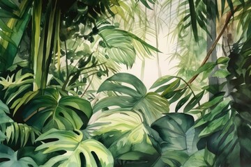Fototapeta na wymiar Tropical plants explore the beauty. Watercolor Painting. Generative AI