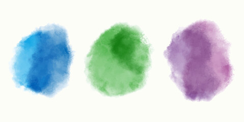 Set of colored watercolor spots isolated on white background. Hand painted, vector illustration. Green, blue and purple blot