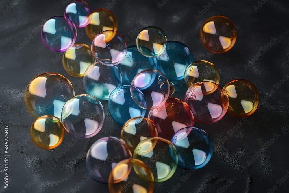 Aufkleber a bunch of soap bubbles sitting on top of a black tablecloth covered tablecloth with a pattern of di