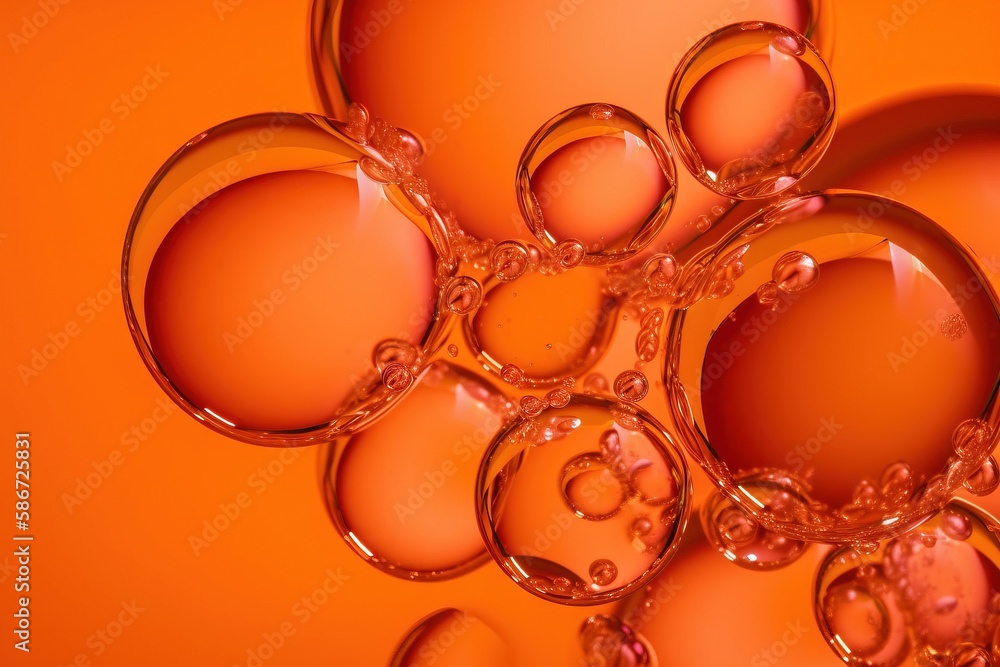 Poster a bunch of bubbles that are on a orange surface with water droplets on it and a light orange backgro