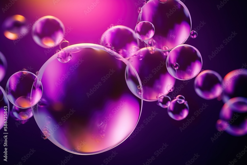 Poster a bunch of bubbles floating in the air on a purple background with a pink light in the middle of the