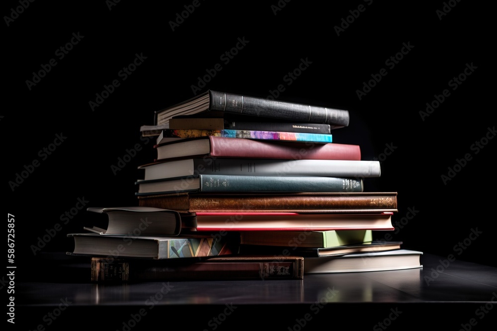 Poster a stack of books sitting on top of each other on a table next to a black background with a light com