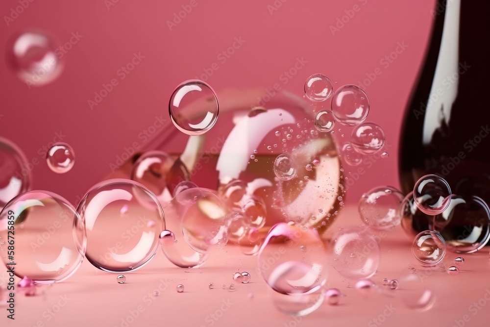 Poster a bottle of wine and bubbles on a pink surface with a pink background and a pink background with a p
