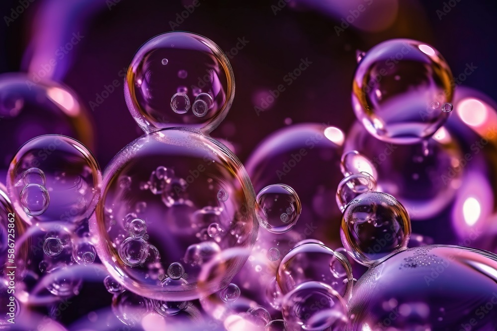 Poster a bunch of bubbles floating in the air on a purple background with a black background and a black ba