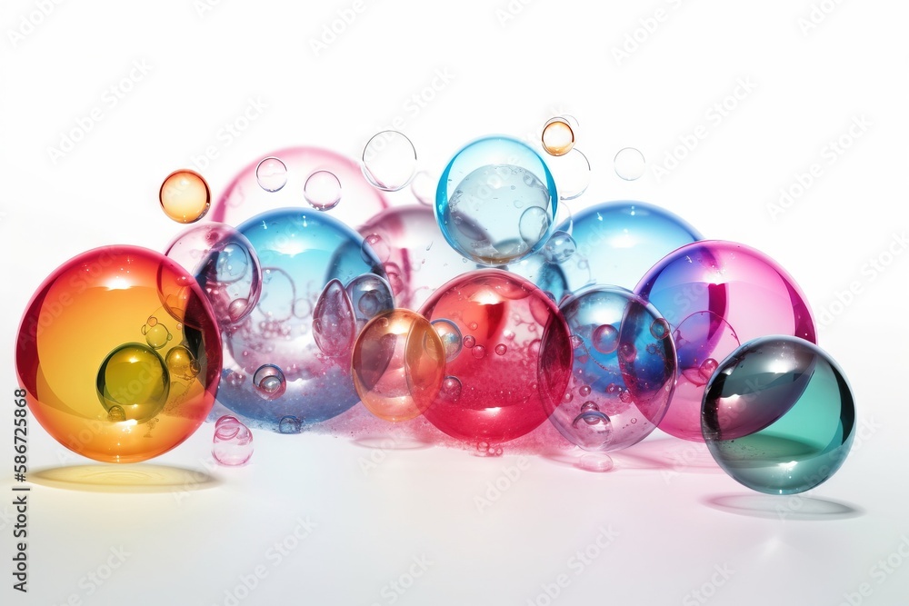 Poster a group of multicolored balls with bubbles on a white background with a yellow circle in the middle 
