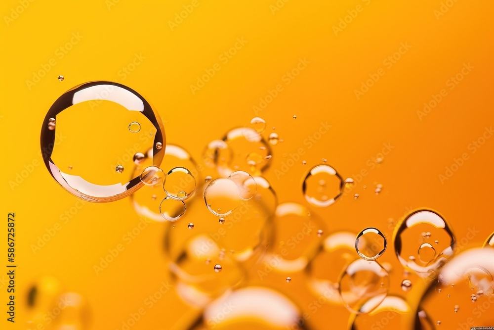 Poster a group of bubbles floating on top of a yellow surface with water droplets on the bottom of the bubb