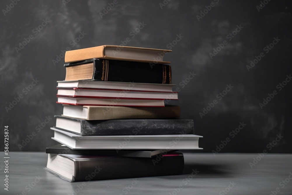 Aufkleber a stack of books sitting on top of each other on top of a table next to a blackboard wall in a room 