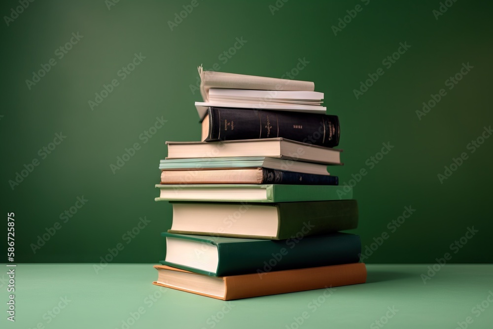 Poster a stack of books sitting on top of each other on a green tableclothed surface with a green wall in t
