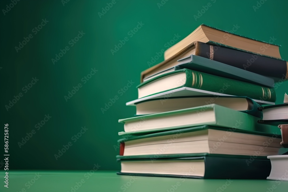 Poster a stack of books sitting on top of a green table next to a green wall and a green wall behind it is 