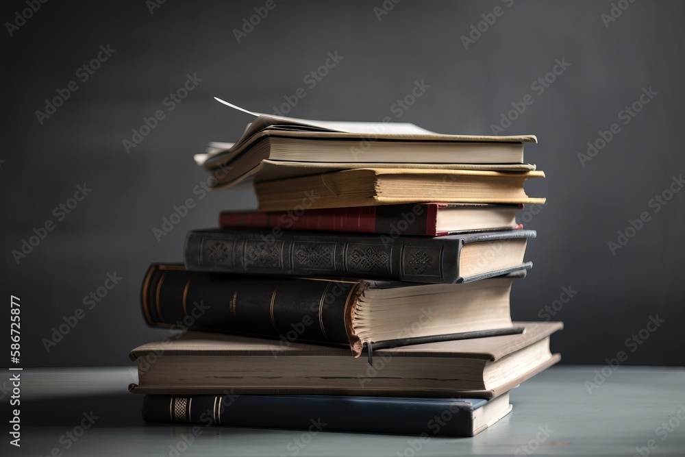 Aufkleber a stack of books sitting on top of a table next to a black wall and a white table cloth on the table