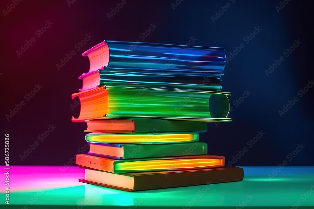 Poster a stack of colorful books sitting on top of a green counter top next to a neon light on a black back