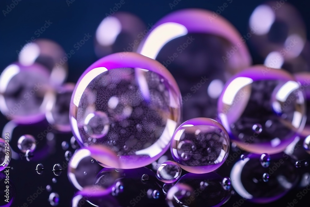 Poster a bunch of bubbles that are floating in the air on a black surface with a blue background and a purp