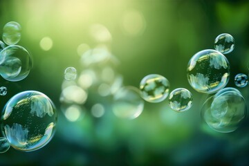  a bunch of bubbles floating in the air on a green background with a blurry light in the middle of the image and a blurry background.  generative ai