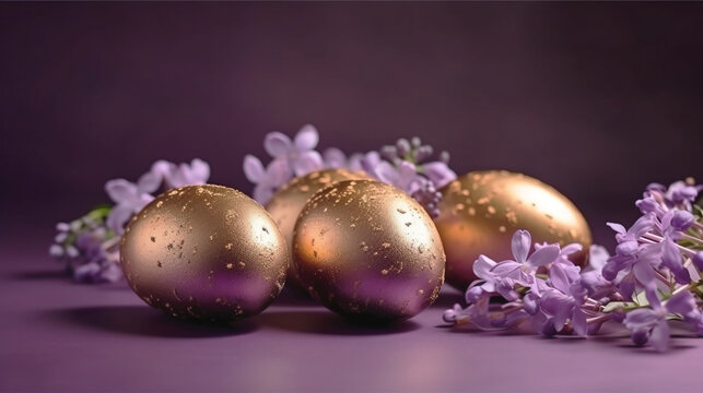 golden Easter eggs and spring flowers on a purple background. Spring break concept with copy space. Top view