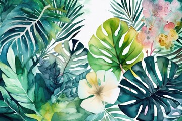 Fototapeta na wymiar Tropical plants that will transport you to paradise. Watercolor Painting. Generative AI
