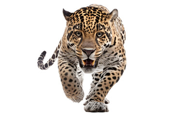 Fototapeta na wymiar an isolated jaguar front-view, whole body, stalking prey, horizontal, fierce jungle-themed photorealistic illustration on a transparent background in PNG. Panthera onca. Generative AI