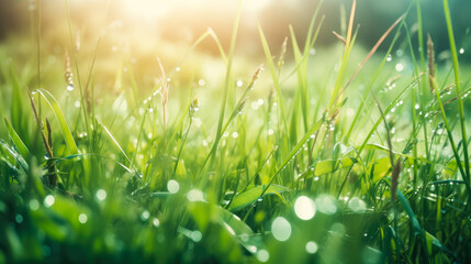 Grass with morning dew. Spring, summer background