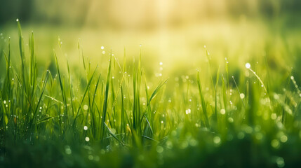 Grass with morning dew. Spring, summer background