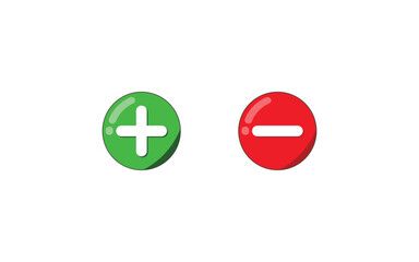 Plus and minus icons. Realistic up and down buttons icons. Positive negative vector illustration. Flat icons isolated on white background.