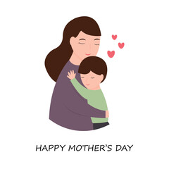 Mother's Day greeting card with image of woman hugging her little son. Vector illustration in cartoon style.