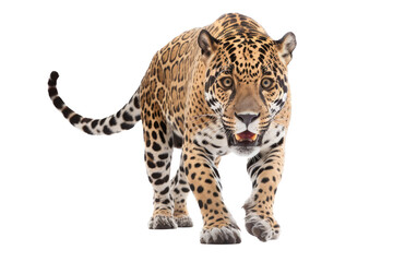 an isolated jaguar front-view, whole body, stalking prey, horizontal, fierce jungle-themed photorealistic illustration on a transparent background in PNG. Panthera onca. Generative AI