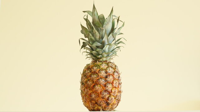 A poster photo of a pineapple. A single pineapple in photo. A fresh photo of a pineapple. A monochromatic photo of a fruit. A yellow background. A bright picture.
