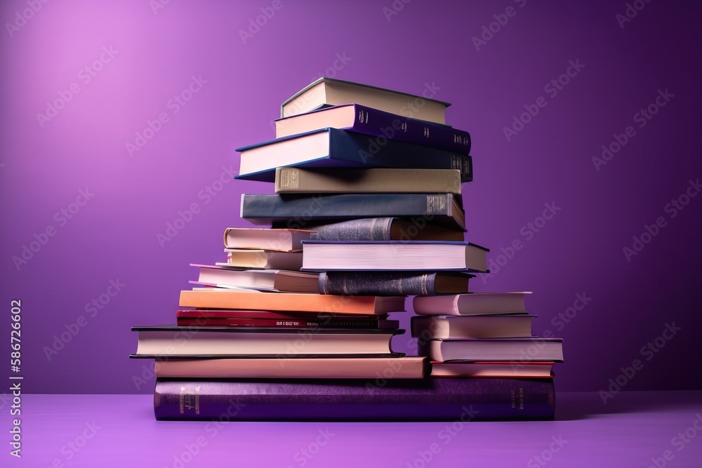 Aufkleber a stack of books sitting on top of each other on a purple surface in front of a purple background wi
