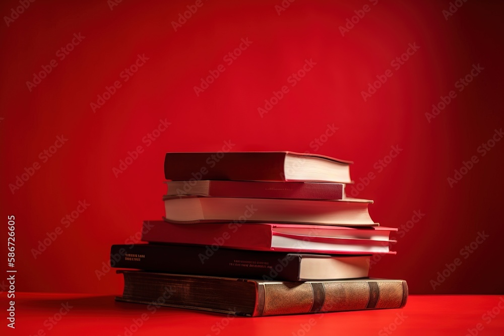 Poster a stack of books sitting on top of each other on a red tablecloth covered floor in front of a red wa