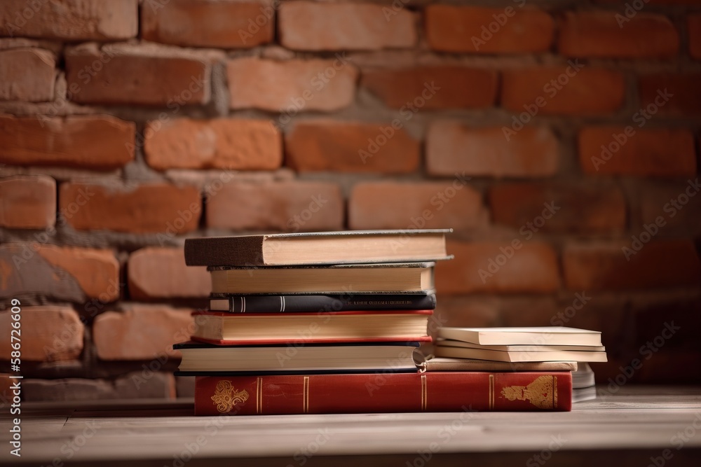 Poster a stack of books sitting on top of a wooden table next to a brick wall with a brick wall in the back
