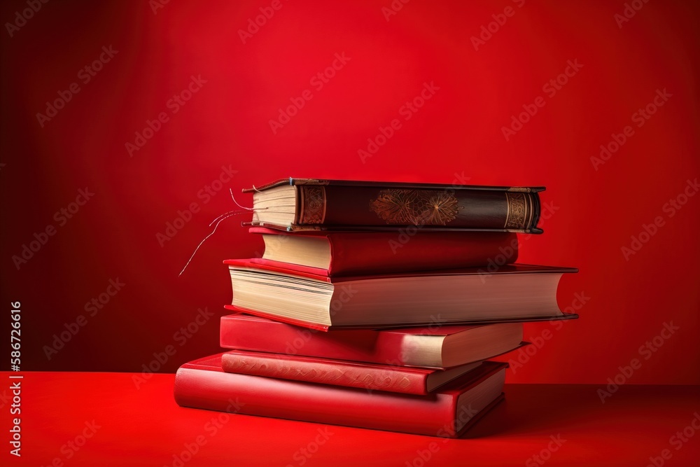 Poster a stack of books sitting on top of each other on a red tableclothed surface with a red background be