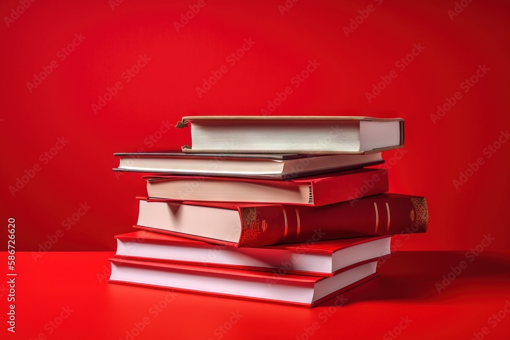 Poster a stack of books sitting on top of each other on a red tableclothed surface with a red wall in the b