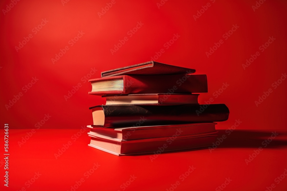 Poster a stack of books sitting on top of a red table next to a red wall with a shadow of a book on top of 