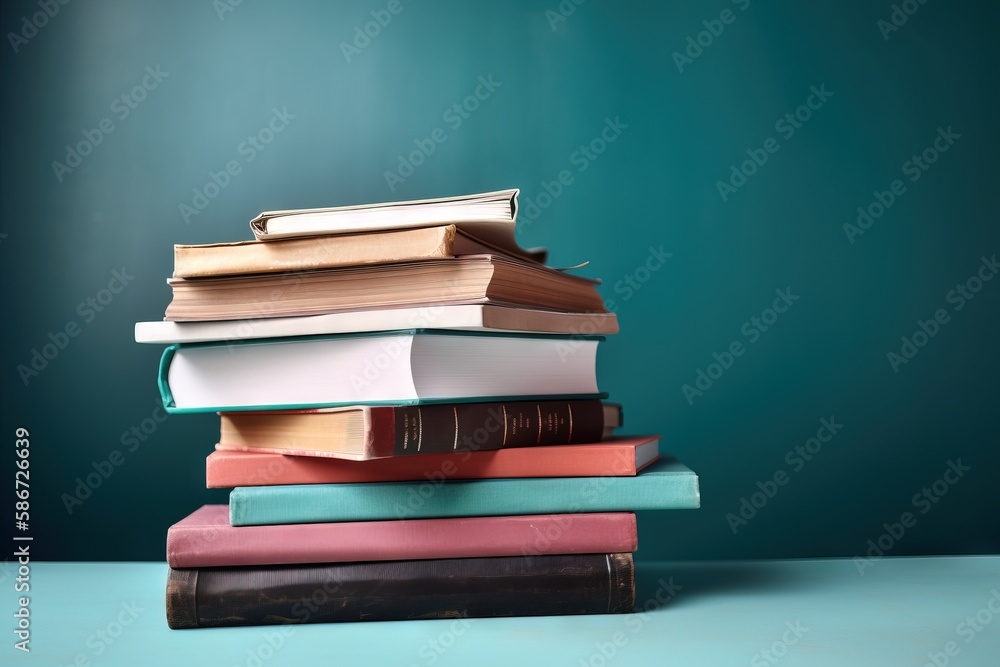 Poster a stack of books sitting on top of each other on a blue tablecloth covered table top in front of a g
