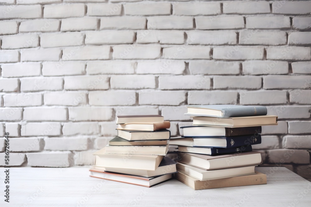 Poster a stack of books sitting on top of a white table next to a brick wall with a white brick wall behind